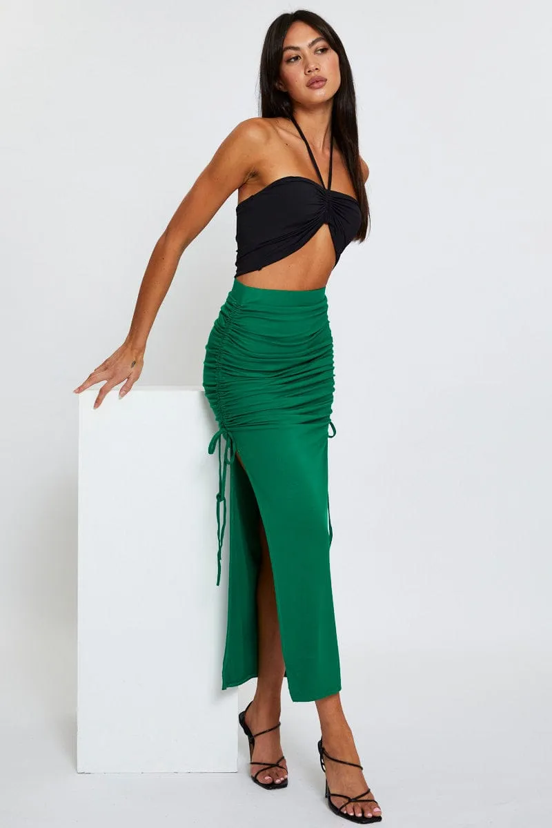 Green Maxi Skirt High Rise Side Ruched sold by Ally Fashion