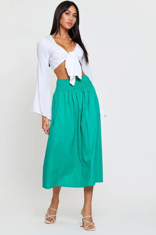 Green Midi Skirt High Rise Shirred Waist sold by Ally Fashion
