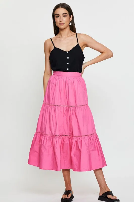 Pink Maxi Skirt High Rise Tiered Cotton sold by Ally Fashion