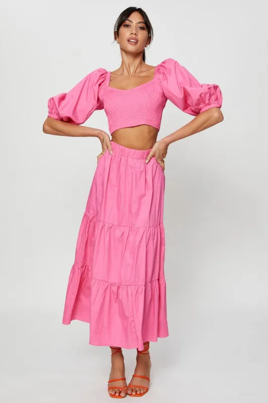 Pink Maxi Skirt High Rise Tiered Cotton sold by Ally Fashion