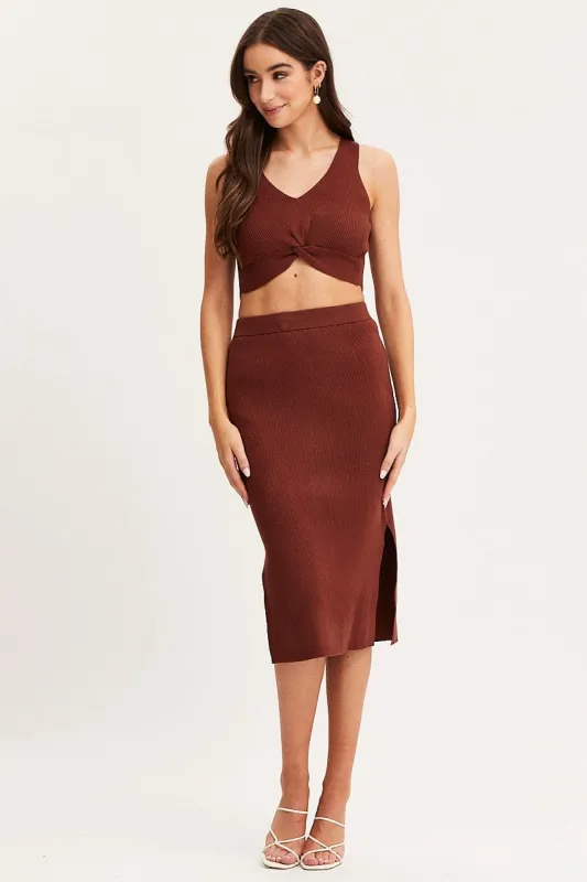 Brown Knit Skirt Midi Side Split sold by Ally Fashion