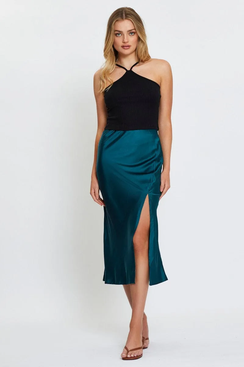 Blue Front Slit Slip Midi Skirt sold by Ally Fashion