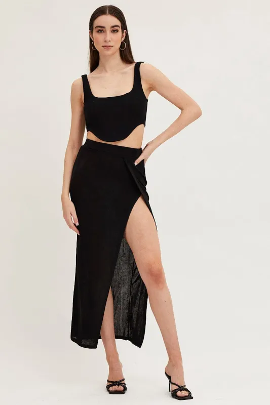 Black Jersey Elastic Waist Front Split Midi Skirt sold by Ally Fashion