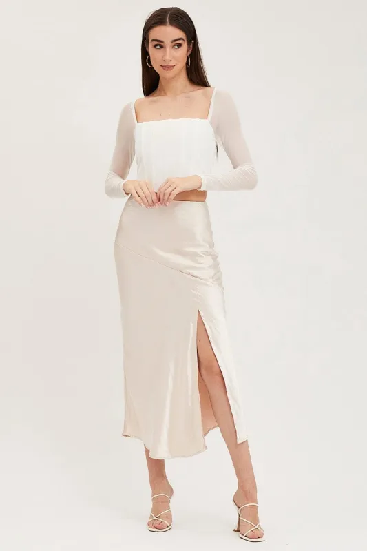 Beige Slip Skirt Front Split Satin sold by Ally Fashion