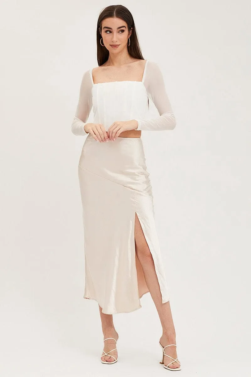 Beige Slip Skirt Front Split Satin sold by Ally Fashion