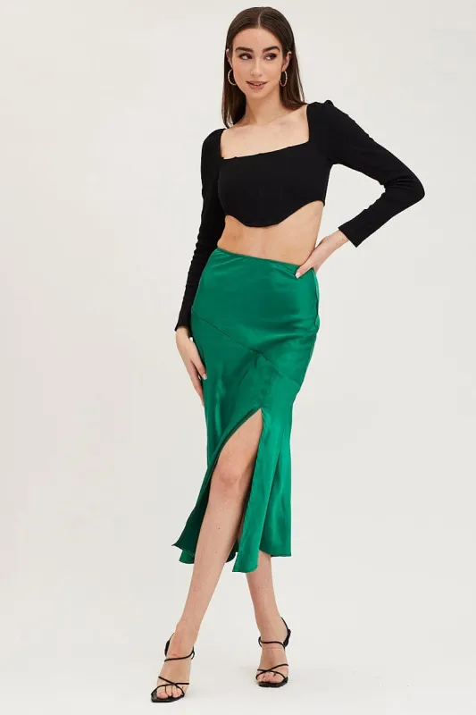 Green Slip Skirt Front Split Satin sold by Ally Fashion