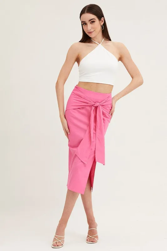 Pink Front Tie Midi Skirt sold by Ally Fashion
