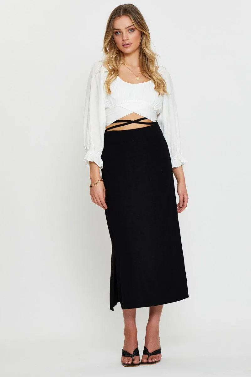 Black Tie Waist Midi Skirt sold by Ally Fashion