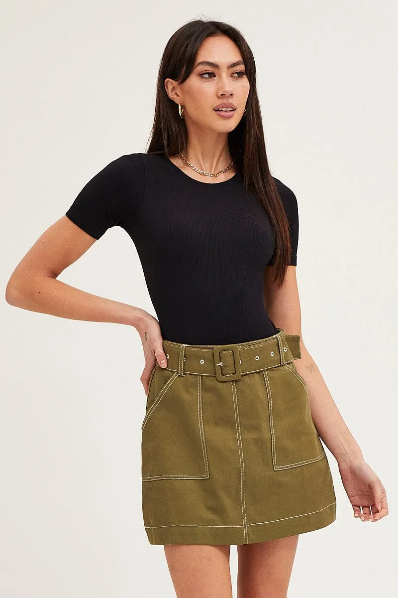 Green Mini Skirt High Waisted Contrast Belted Utility sold by Ally Fashion product image thumbnail 2