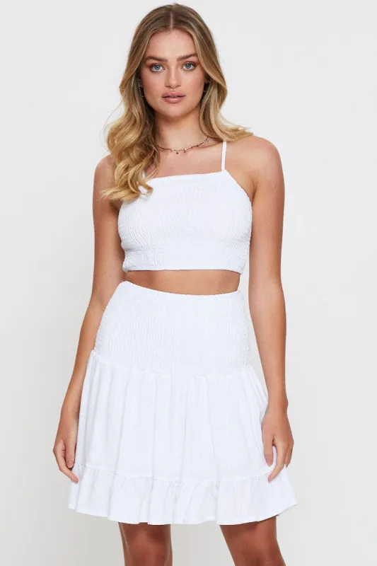 White Shirred Skater Mini Skirt sold by Ally Fashion