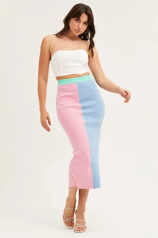 Multi Color Block Knit Midi Skirt sold by Ally Fashion