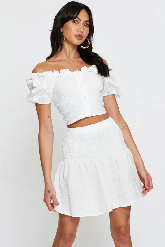White Linen Blend Shirred Waist Skater Skirt sold by Ally Fashion