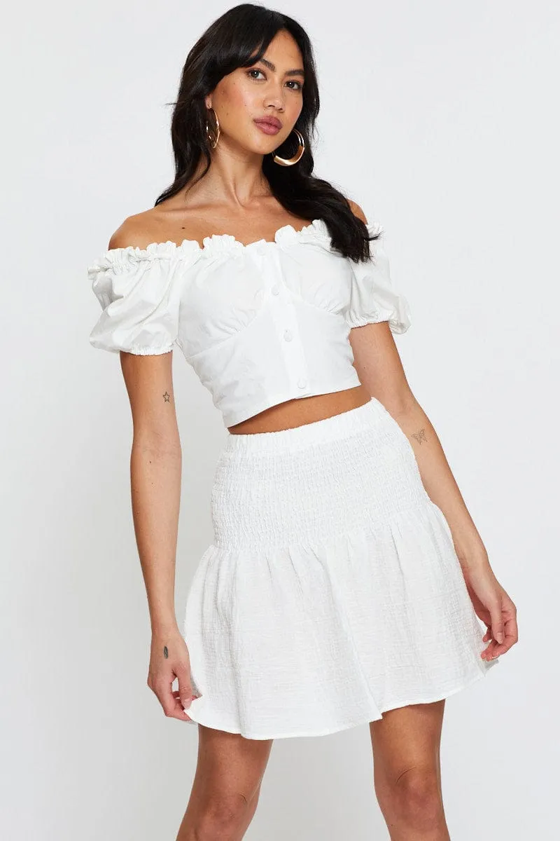 White Linen Blend Shirred Waist Skater Skirt sold by Ally Fashion