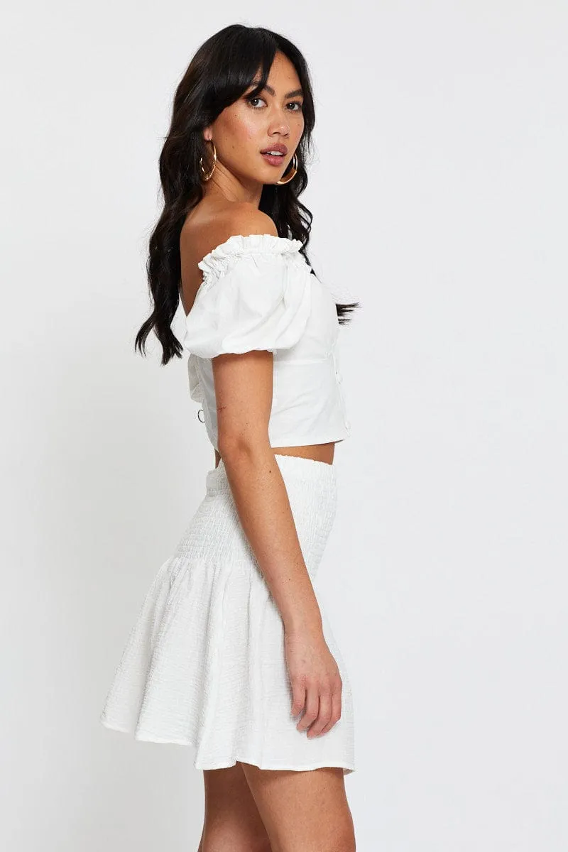 White Linen Blend Shirred Waist Skater Skirt sold by Ally Fashion product image thumbnail 4