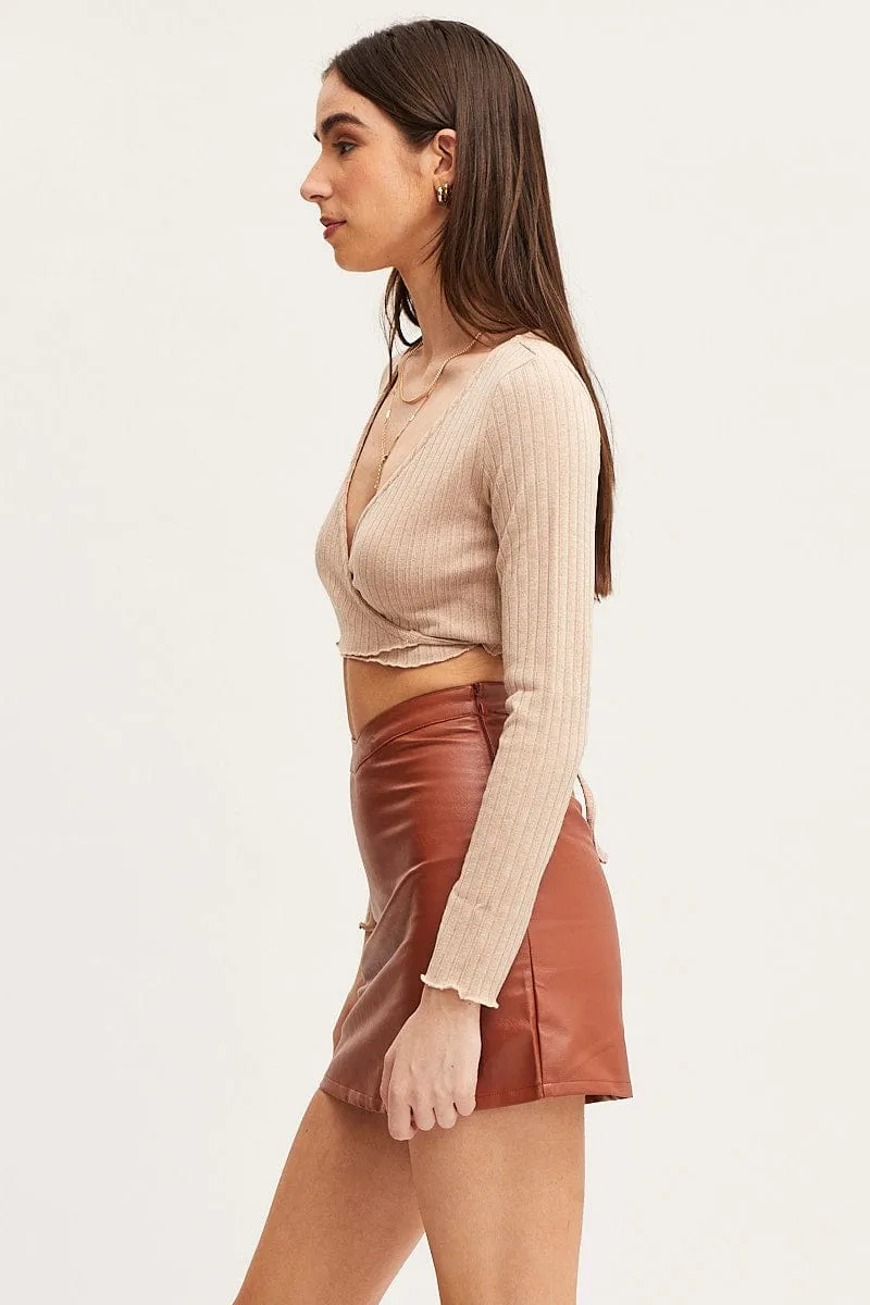 Beige Mini Skirt High Rise Faux Leather sold by Ally Fashion product image thumbnail 4
