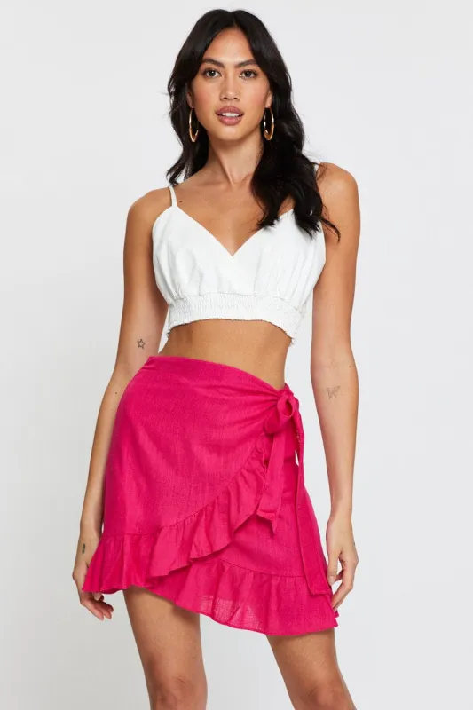 Pink Linen Blend Frilled Wrap Mini Skirt sold by Ally Fashion