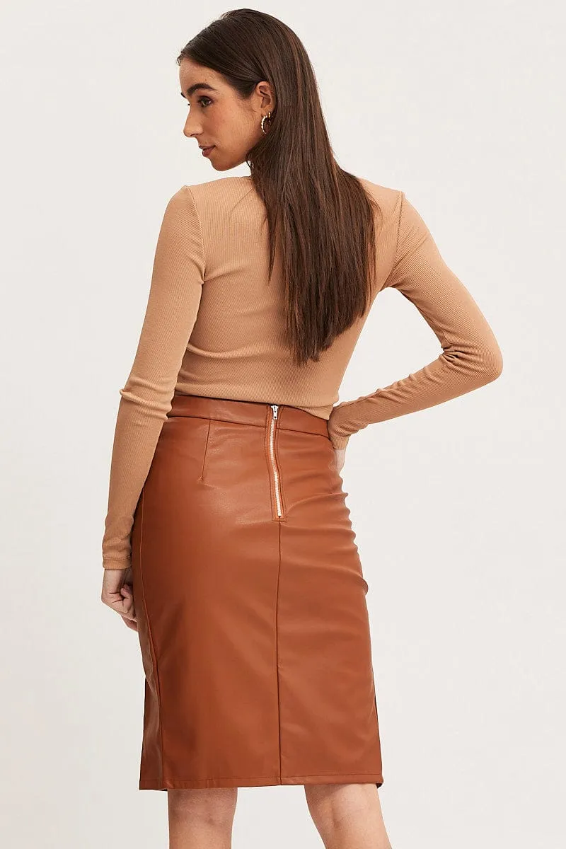 Beige High Rise Skirt Front Split Faux Leather sold by Ally Fashion product image thumbnail 5