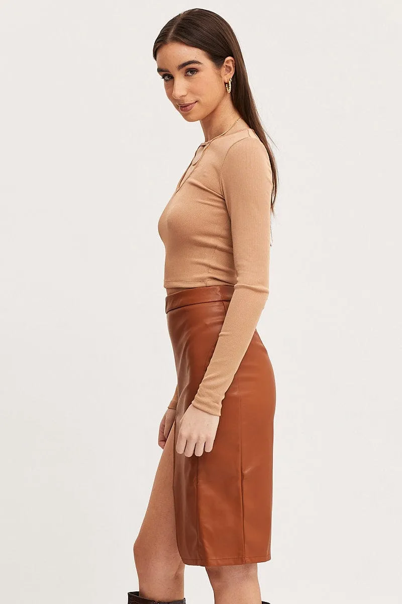 Beige High Rise Skirt Front Split Faux Leather sold by Ally Fashion product image thumbnail 4