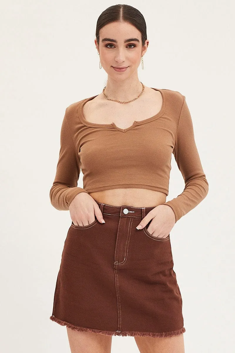 Brown Mini Skirt High Rise Fray Hem sold by Ally Fashion