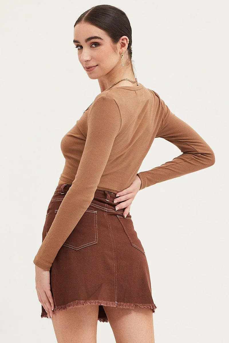 Brown Mini Skirt High Rise Fray Hem sold by Ally Fashion product image thumbnail 5
