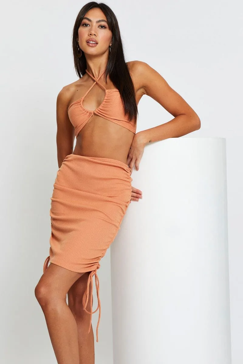 Brown Ribbed Ruched Drawstring Skirt sold by Ally Fashion