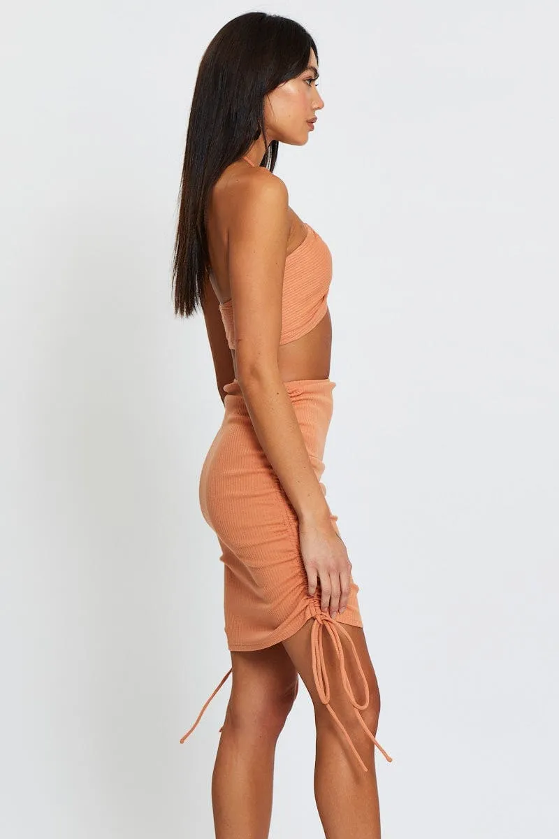 Brown Ribbed Ruched Drawstring Skirt sold by Ally Fashion product image thumbnail 4