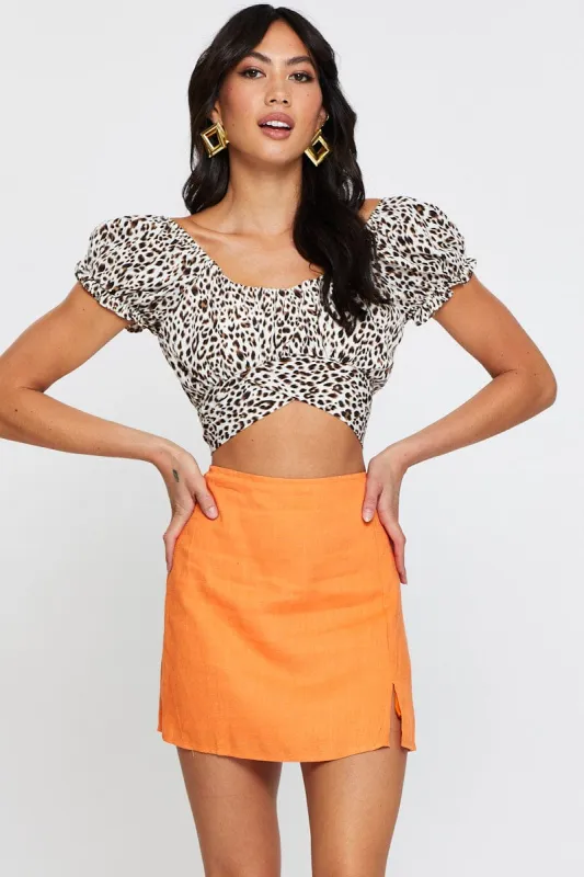 Orange Linen Blend Front Split Mini Skirt sold by Ally Fashion