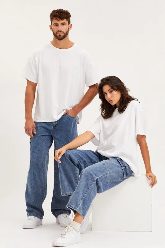 Blue Unisex Cargo Denim Jeans Mid Rise sold by Ally Fashion