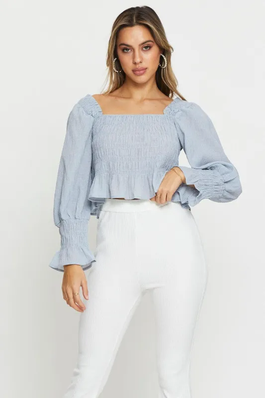 Blue Peasant Blouse Long Sleeve Crop sold by Ally Fashion