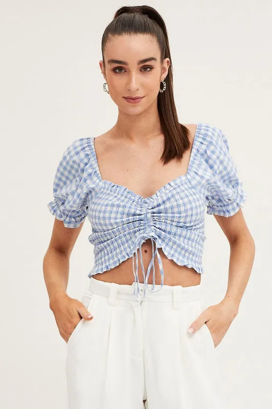 Check Crop Top Short Sleeve Sweetheart Ruched Front sold by Ally Fashion