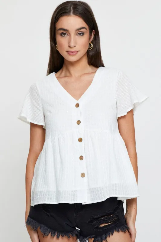 White Peplum Top Short Sleeve V-Neck Button Front sold by Ally Fashion