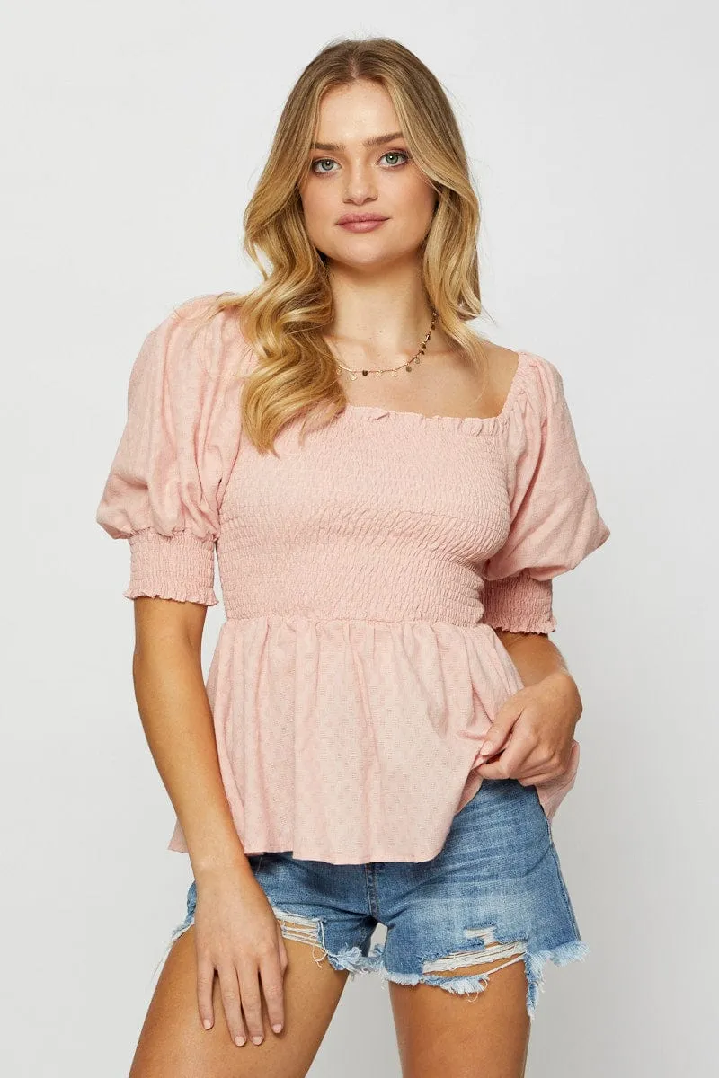 Pink Peplum Top Short Sleeve Round Neck sold by Ally Fashion