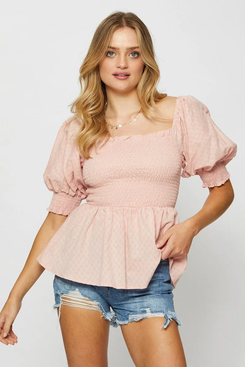 Pink Peplum Top Short Sleeve Round Neck sold by Ally Fashion product image thumbnail 3