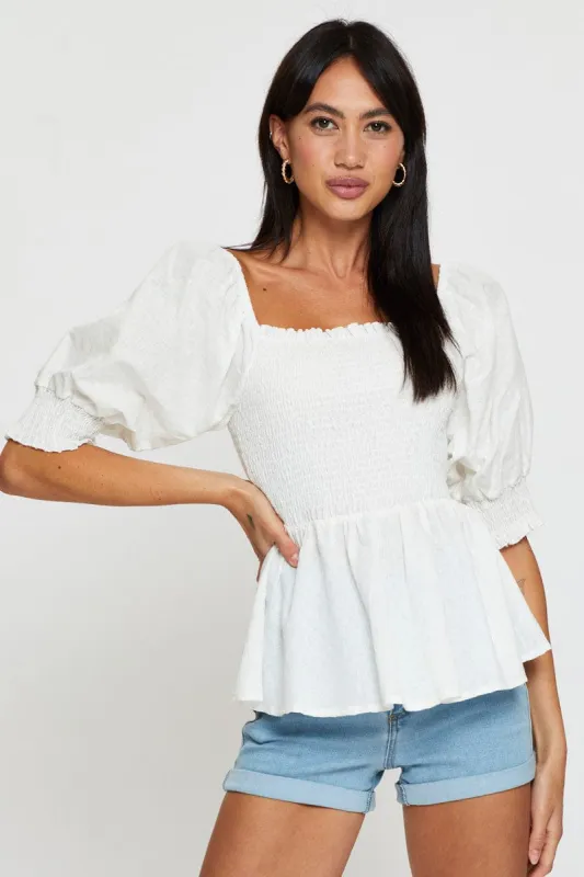 White Peplum Top Short Sleeve Round Neck sold by Ally Fashion