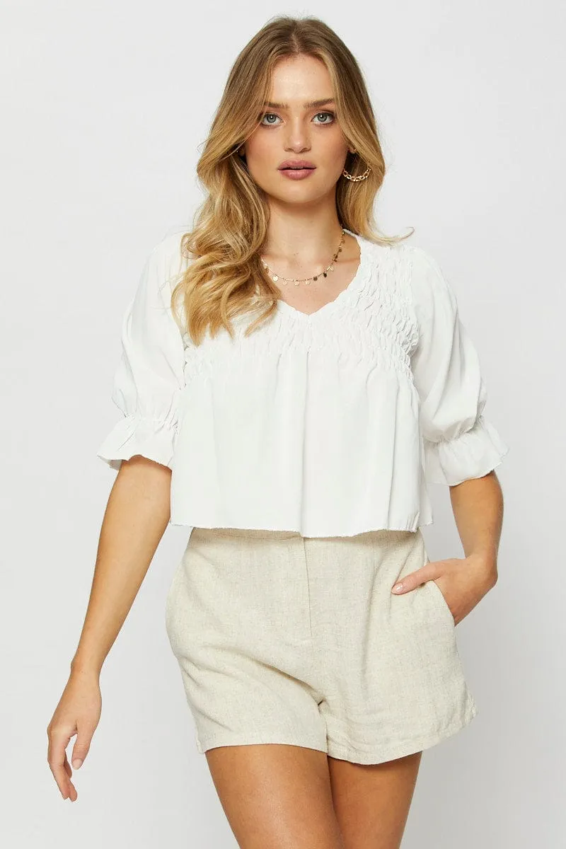 White Crop Blouse Short Sleeve Round Neck sold by Ally Fashion product image thumbnail 3