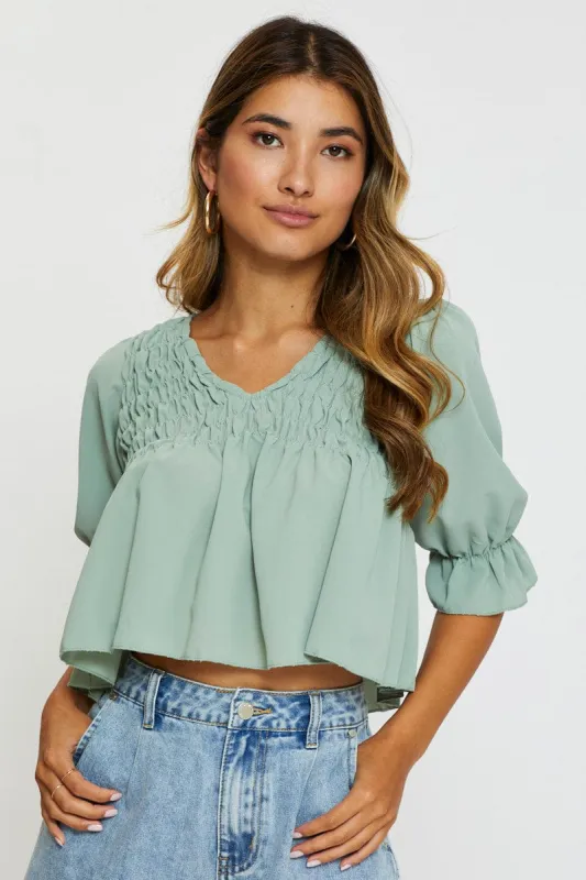 Green Crop Blouse Short Sleeve Round Neck sold by Ally Fashion