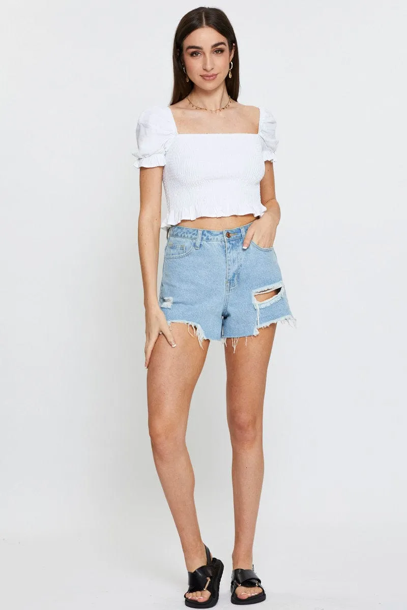 White Crop Top Short Sleeve Square Neck Shirred Waist sold by Ally Fashion product image thumbnail 2