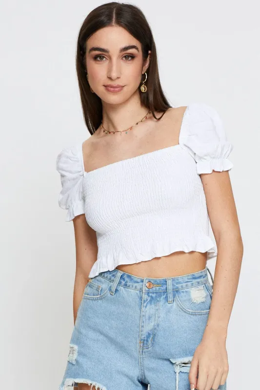 White Crop Top Short Sleeve Square Neck Shirred Waist sold by Ally Fashion
