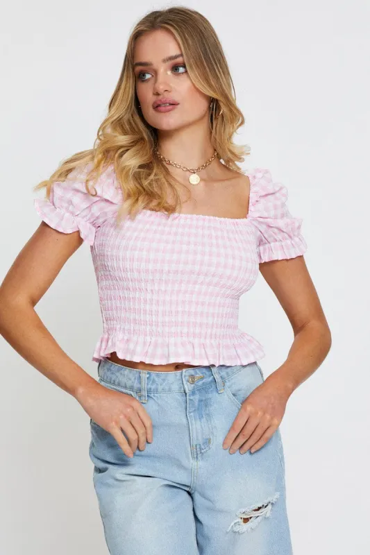 Check Crop T Shirt Short Sleeve Square Neck sold by Ally Fashion