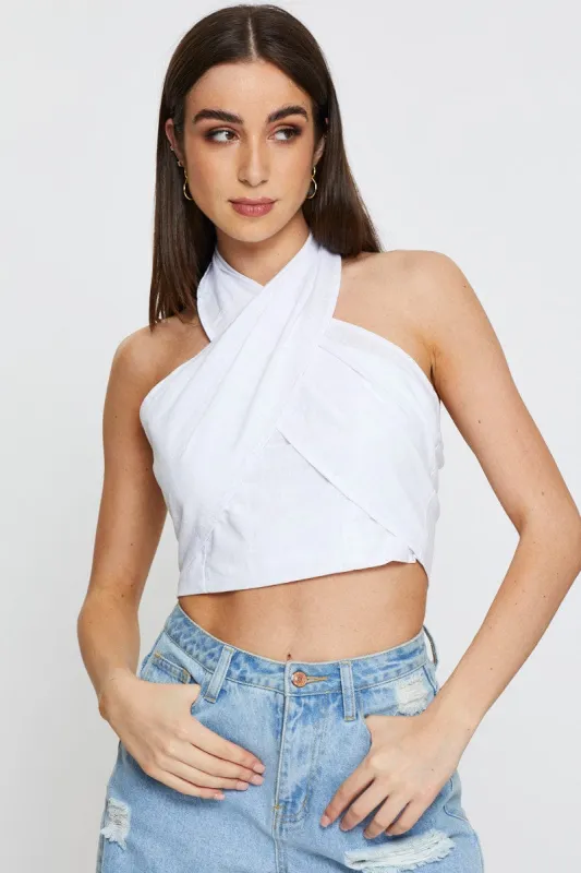 White Crop Top Sleeveless Tie Up Halter sold by Ally Fashion