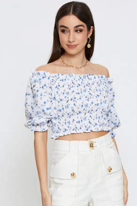 Geo Print Crop Top Short Sleeve Off Shoulder sold by Ally Fashion