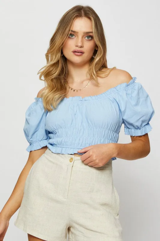 Blue Crop Top Off Shoulder Short Sleeve sold by Ally Fashion
