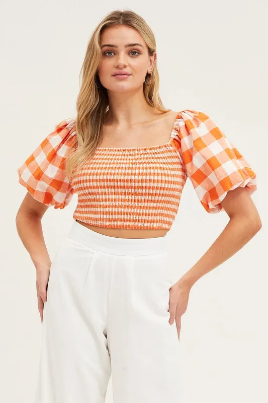 Check Gingham Half Sleeve Shirred Cropped Top sold by Ally Fashion