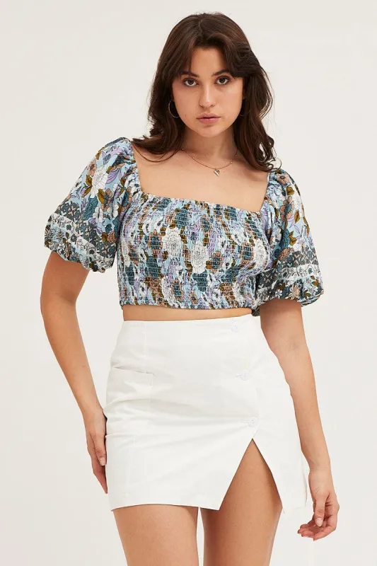 Boho Print Rayon Half Sleeve Shirred Cropped Top sold by Ally Fashion