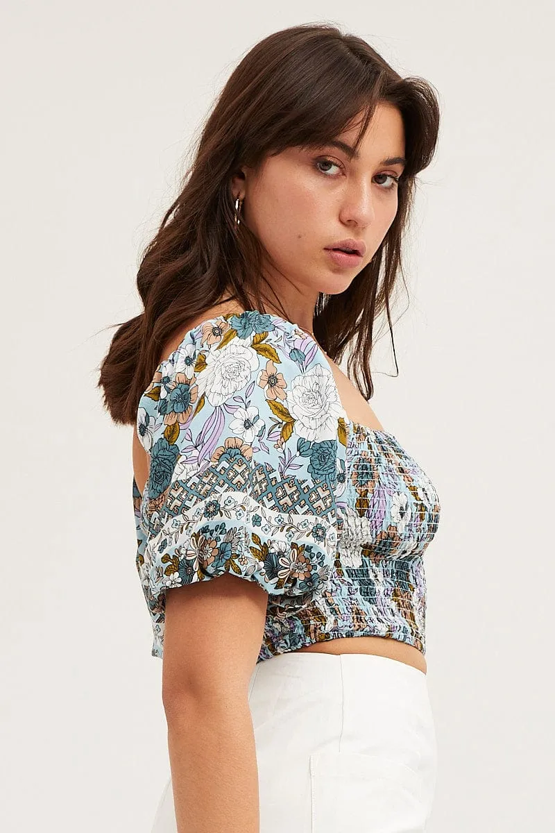 Boho Print Rayon Half Sleeve Shirred Cropped Top sold by Ally Fashion product image thumbnail 4