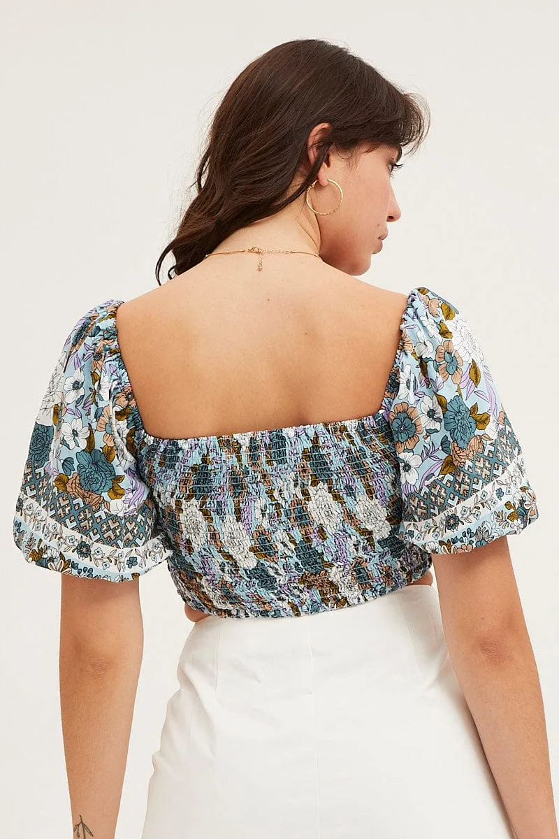 Boho Print Rayon Half Sleeve Shirred Cropped Top sold by Ally Fashion product image thumbnail 5