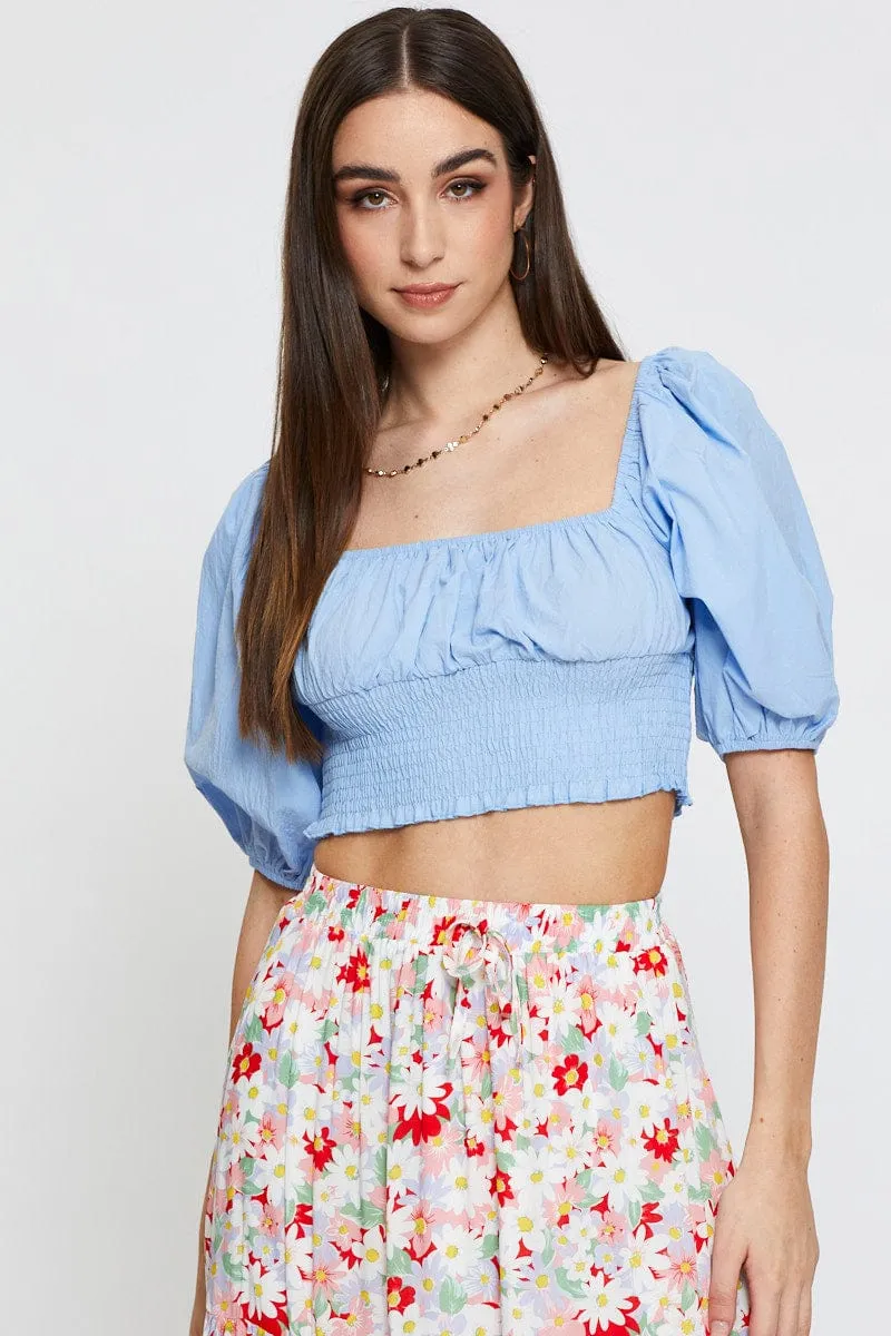 Blue Crop Top Short Sleeve Shirred Waist sold by Ally Fashion product image thumbnail 3