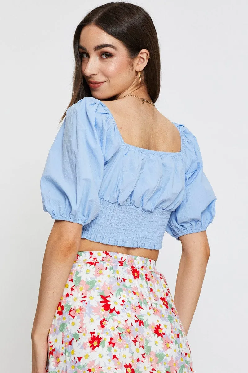 Blue Crop Top Short Sleeve Shirred Waist sold by Ally Fashion product image thumbnail 5