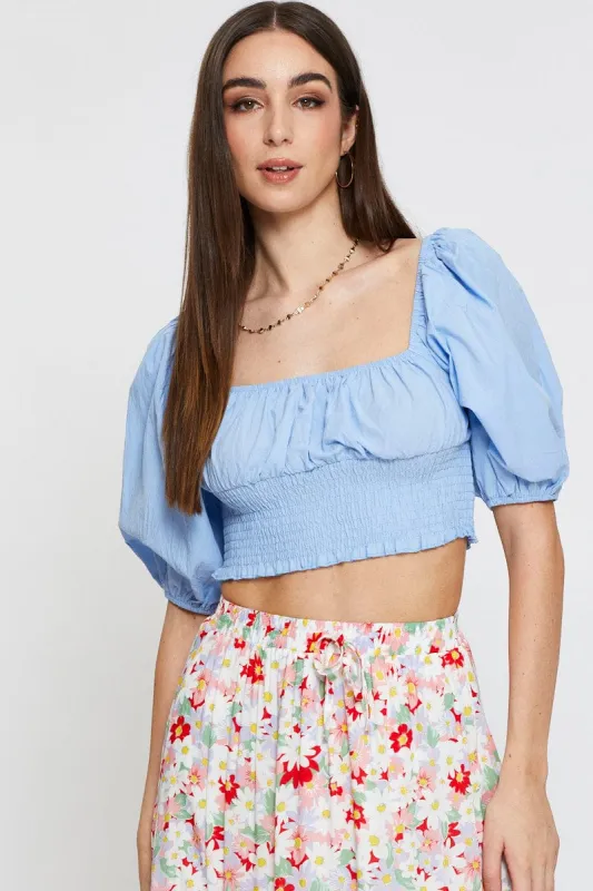 Blue Crop Top Short Sleeve Shirred Waist sold by Ally Fashion