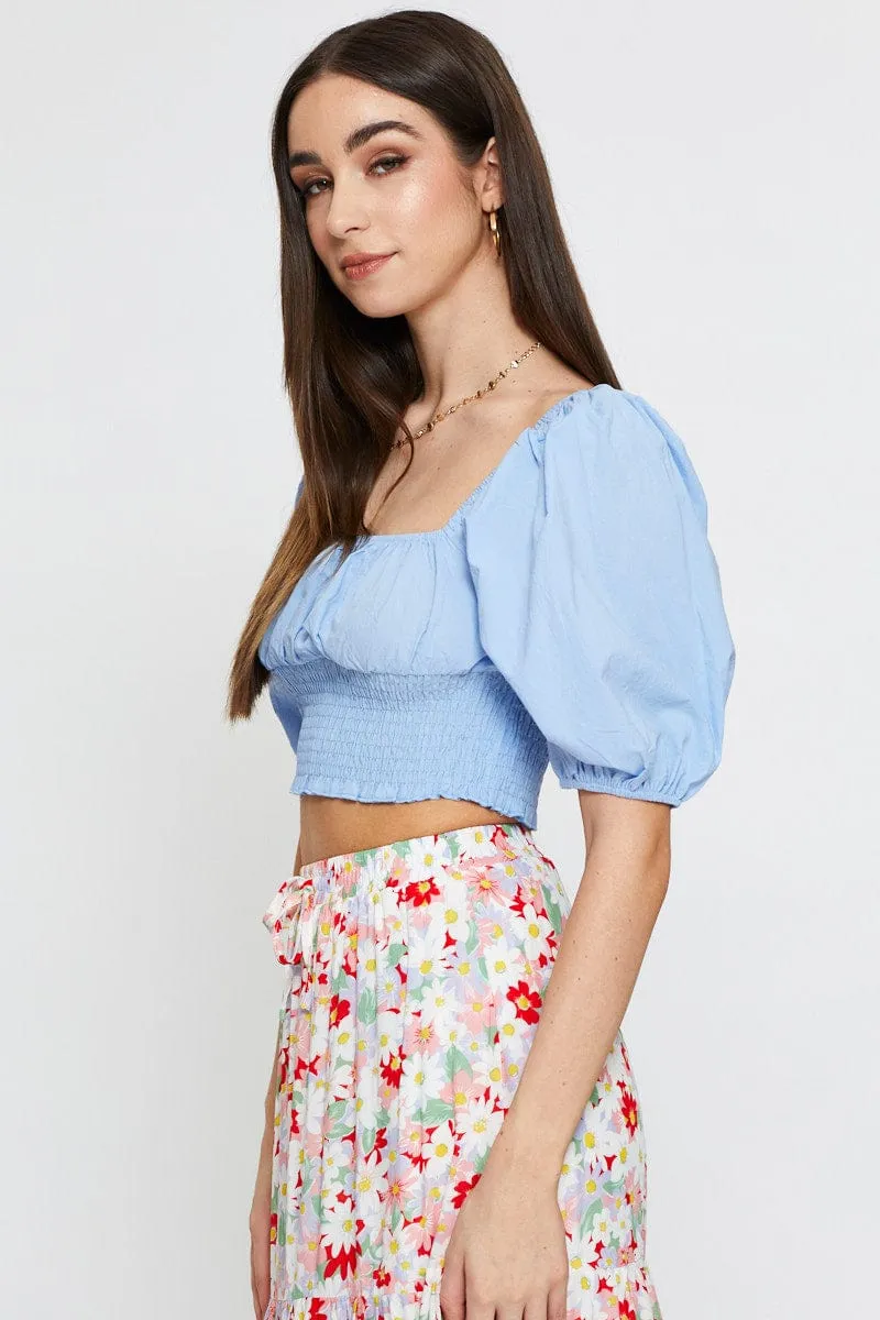Blue Crop Top Short Sleeve Shirred Waist sold by Ally Fashion product image thumbnail 4